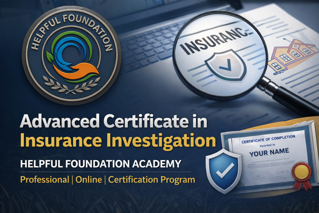 Advanced Certificate in Insurance Investigation by Helpful Foundation Academy featuring official logo and certification document.