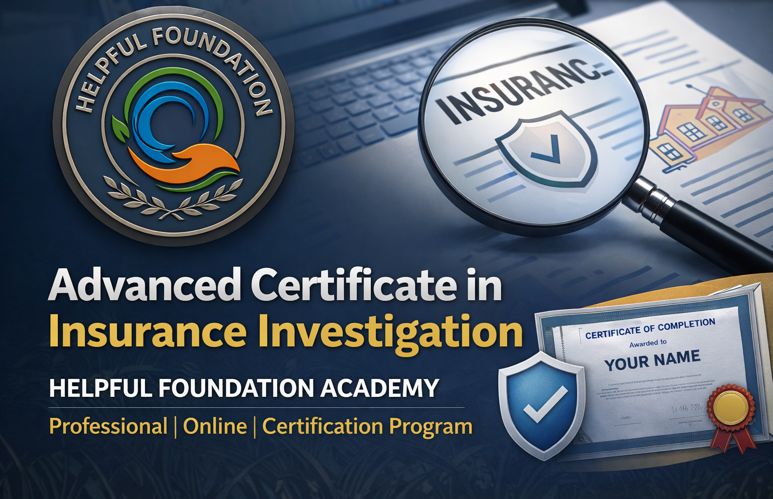 Advanced Certificate in Insurance Investigation by Helpful Foundation Academy featuring official logo and certification document.