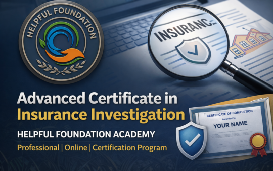 Advanced Certificate in Insurance Investigation by Helpful Foundation Academy featuring official logo and certification document.