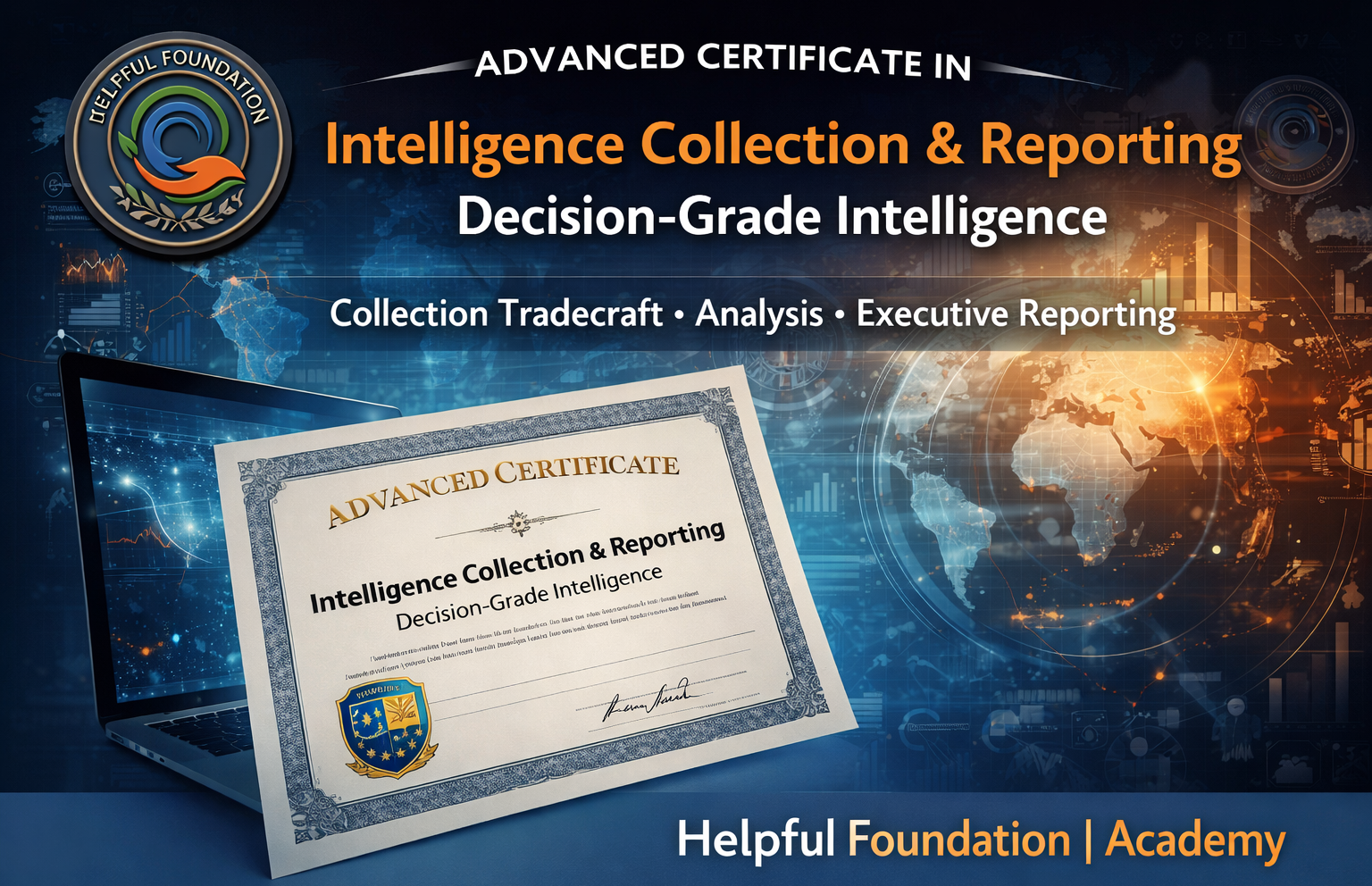 Advanced Certificate in Intelligence Collection and Reporting by Helpful Foundation Academy, showing decision-grade intelligence, data analysis, and executive reporting visuals.