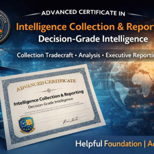 Advanced Certificate in Intelligence Collection and Reporting by Helpful Foundation Academy, showing decision-grade intelligence, data analysis, and executive reporting visuals.