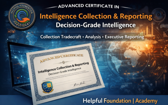 Advanced Certificate in Intelligence Collection and Reporting by Helpful Foundation Academy, showing decision-grade intelligence, data analysis, and executive reporting visuals.