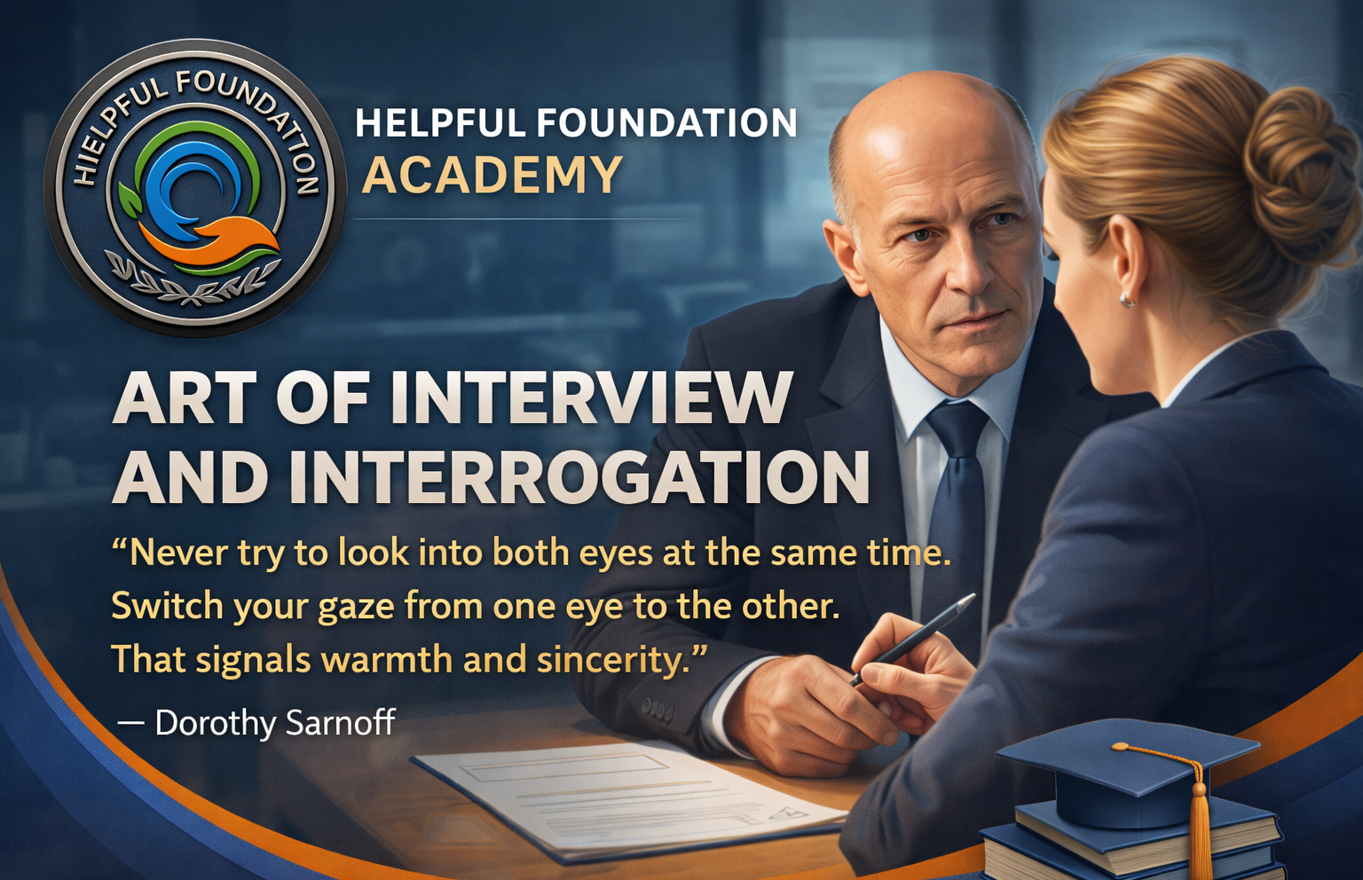Helpful Foundation Academy course banner showing a professional interview scene symbolizing the art of interview and interrogation skills.