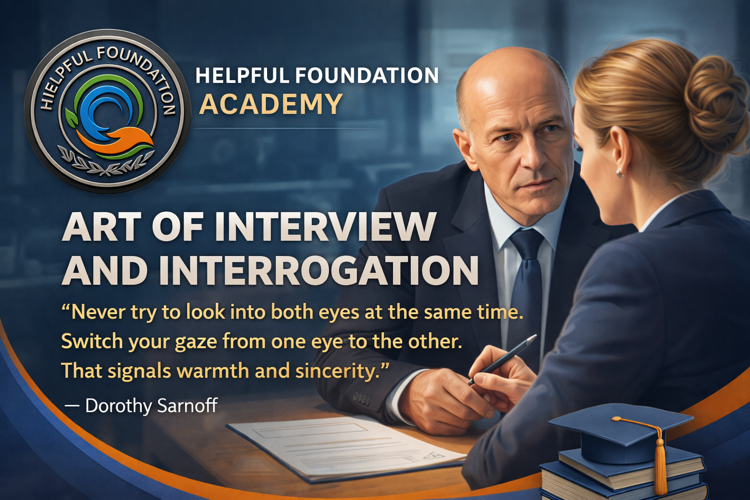 Helpful Foundation Academy course banner showing a professional interview scene symbolizing the art of interview and interrogation skills.